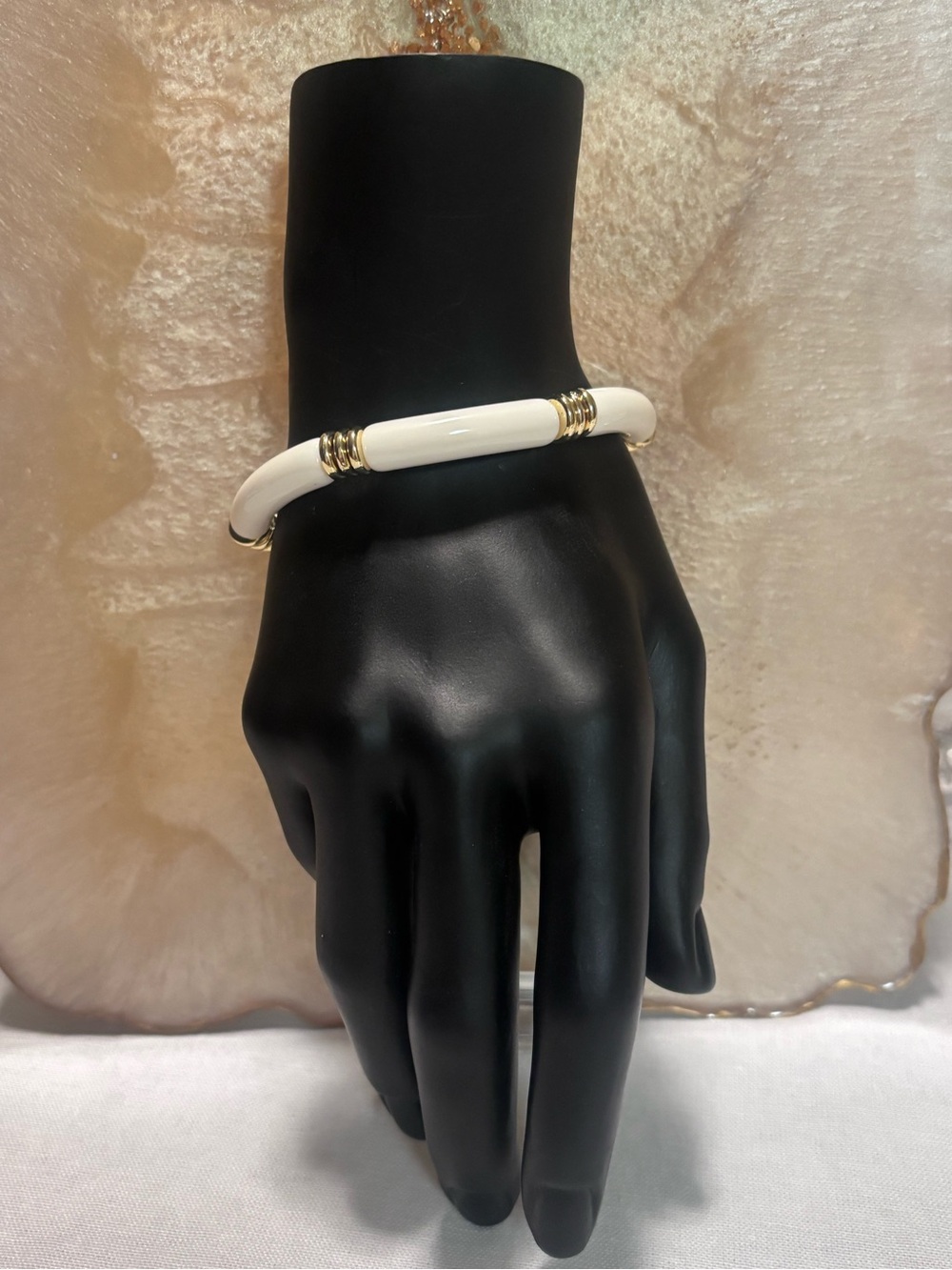 White Enamel Bangle Bracelet with Gold Accents